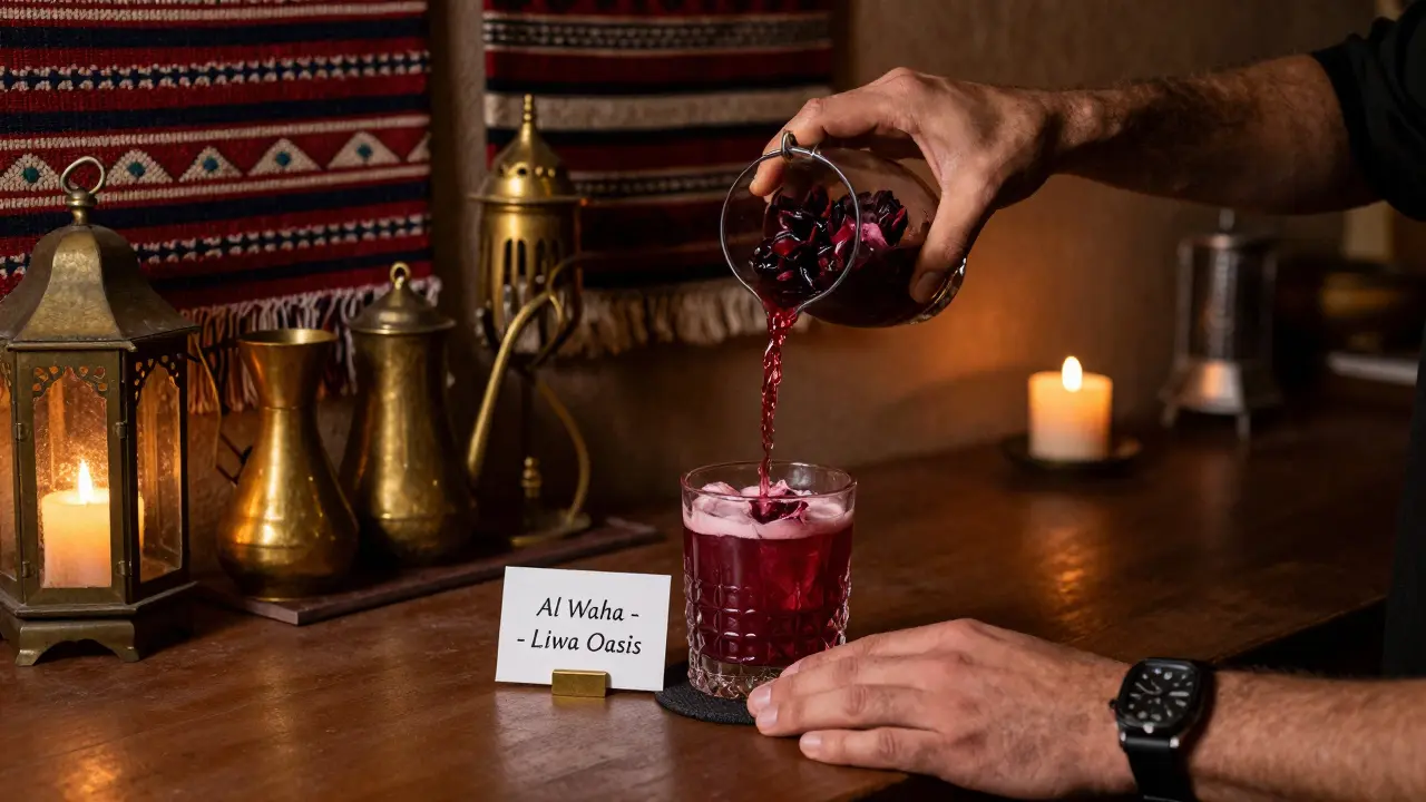 Hidden speakeasy bar serving a traditional Emirati cocktail with handwoven textiles and brass lanterns in the background.
