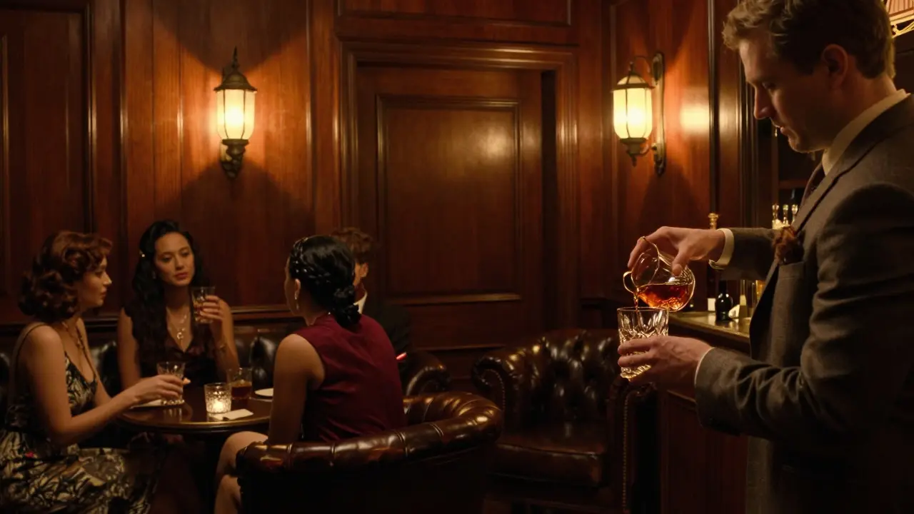 Hidden speakeasy bar with dim lighting, bartender pouring bourbon, leather chairs and wood paneling.