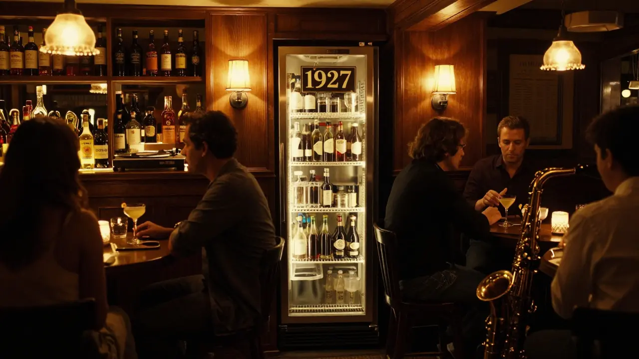 Hidden speakeasy with warm lighting, vinyl record playing, and patrons sipping cocktails in silence.