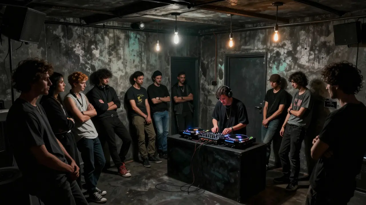 Hidden underground club with dim lighting, vinyl DJ, and intimate crowd in industrial setting.