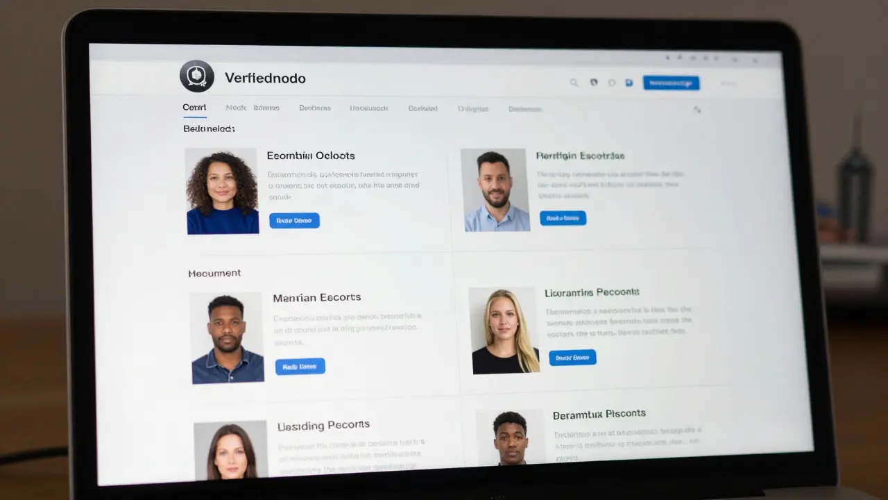 Laptop displaying a verified escort profile with multiple photos and client reviews.