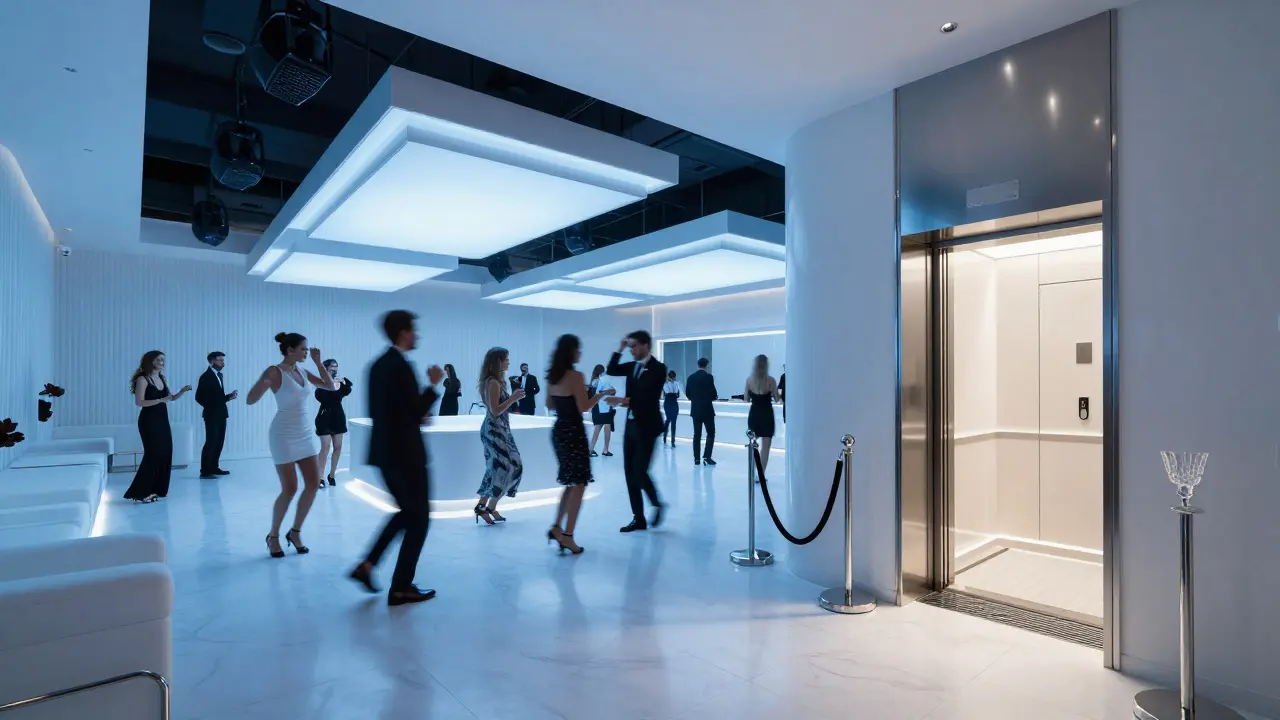 Luxury nightclub with sleek lighting and elegantly dressed people dancing under floating lights.