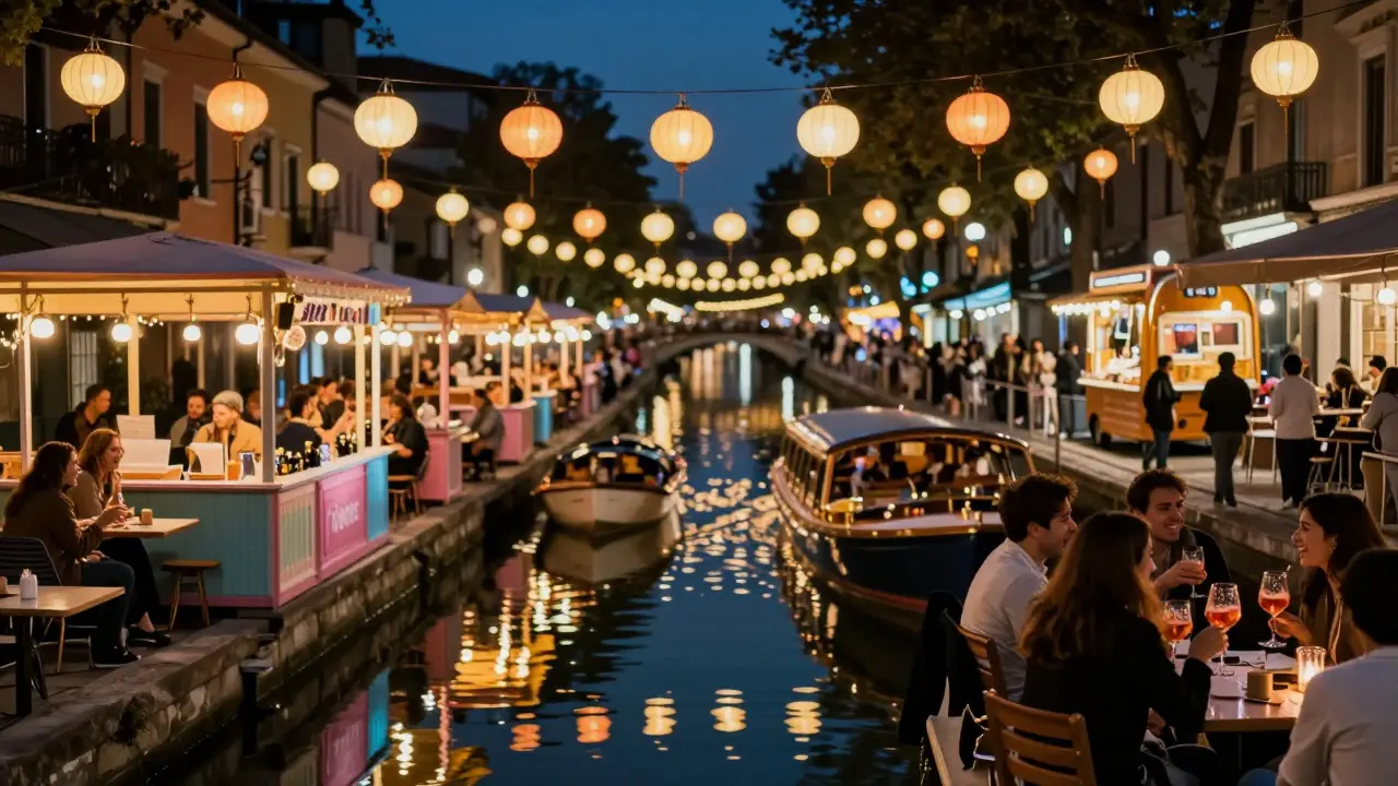 Naviglio Grande canal at night lit by lanterns, reflections on water, outdoor bars and drifting boat.