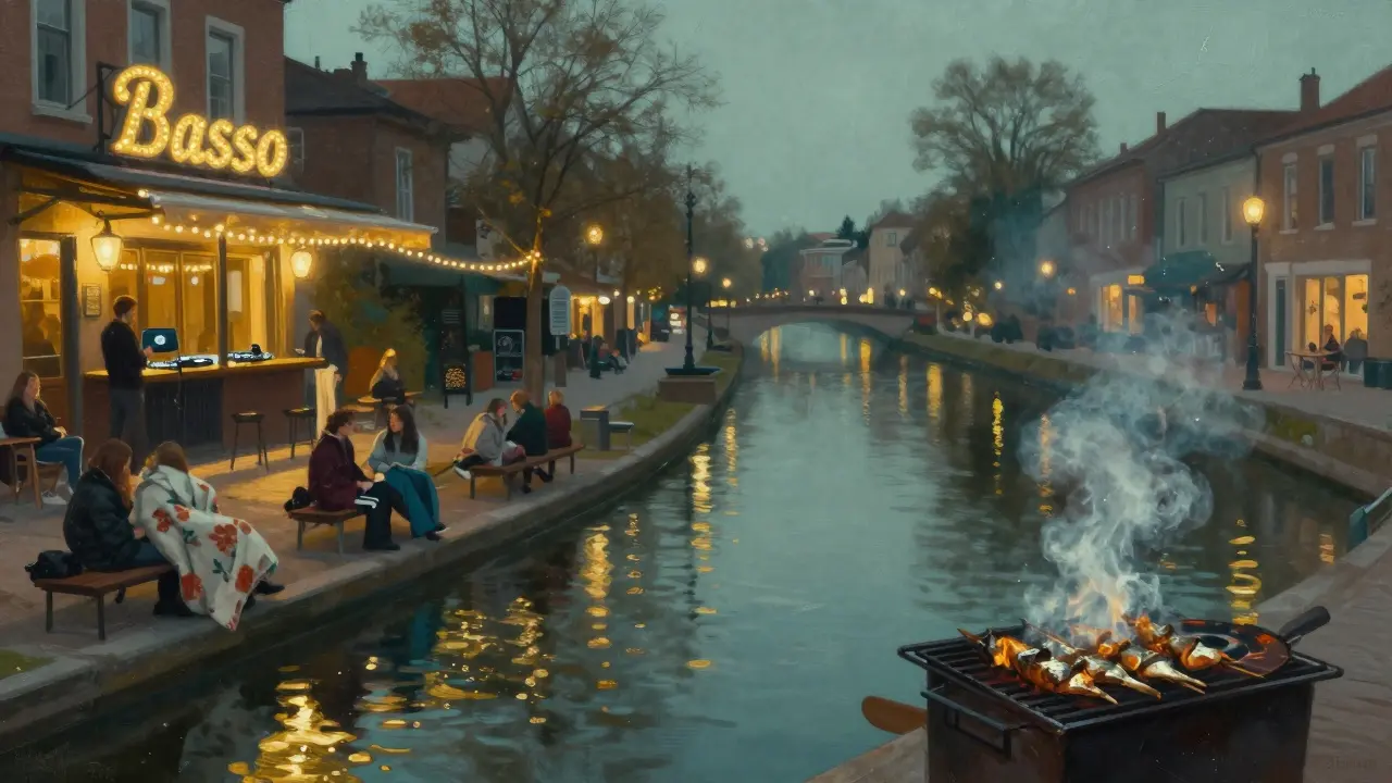 Nighttime Navigli canals glowing with string lights, people relaxing on benches as a vinyl DJ plays nearby.