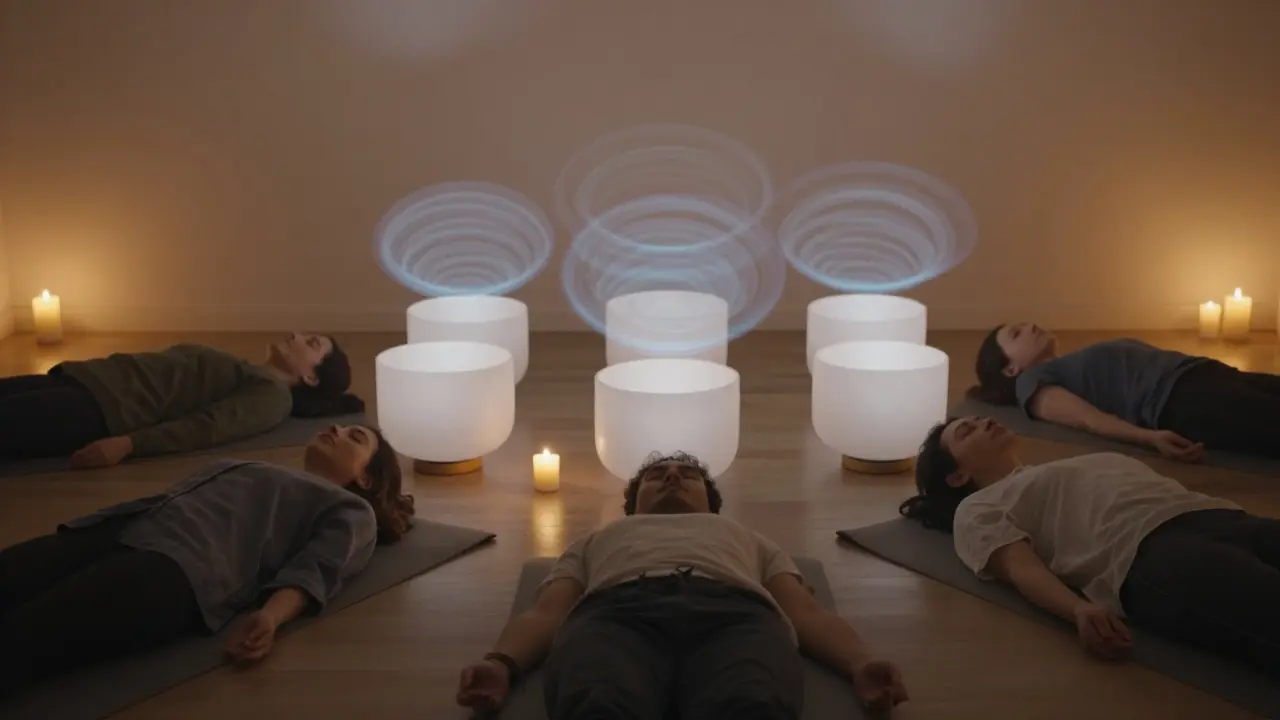 People lying peacefully on mats in a quiet room as sound waves ripple from crystal bowls.