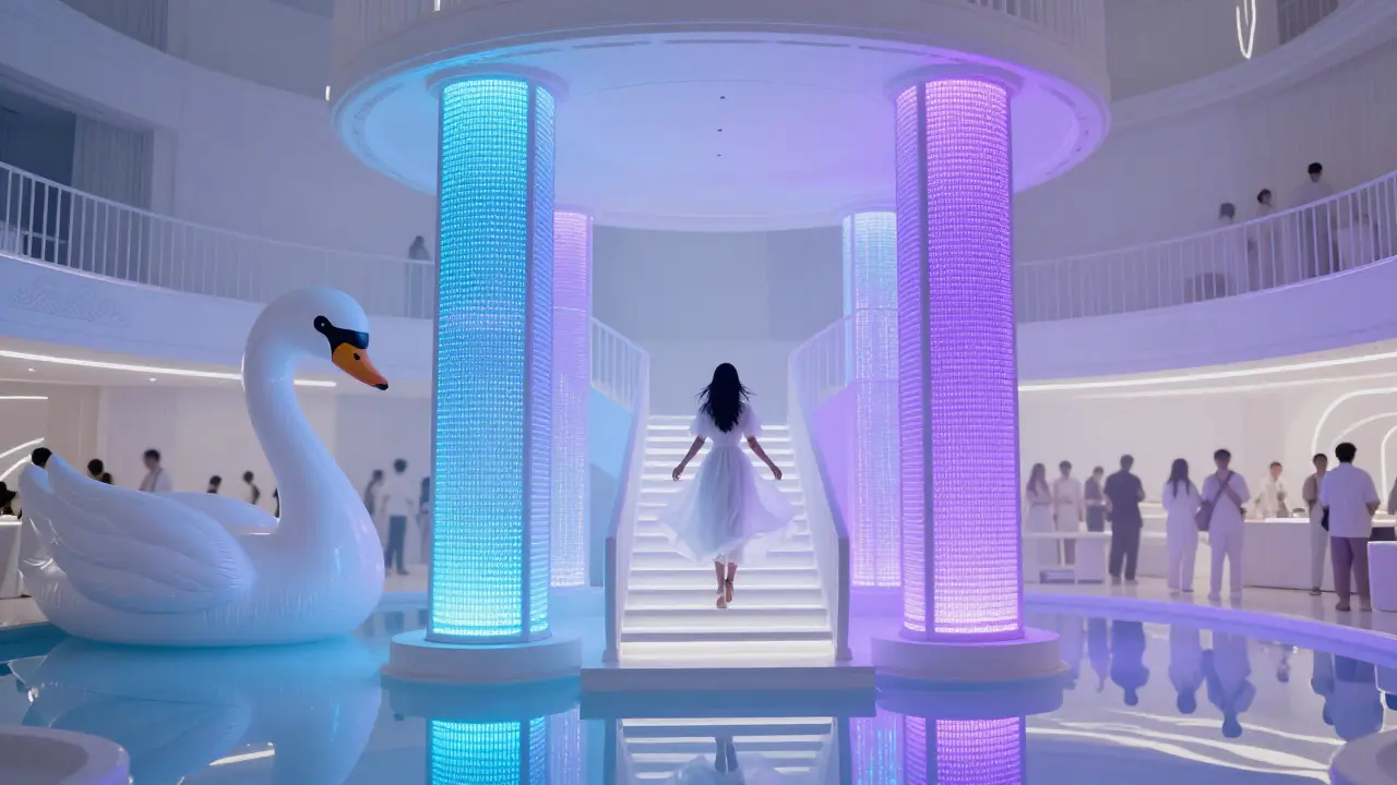 Person in white dress descending stairs at White Dubai, surrounded by glowing LED pillars.