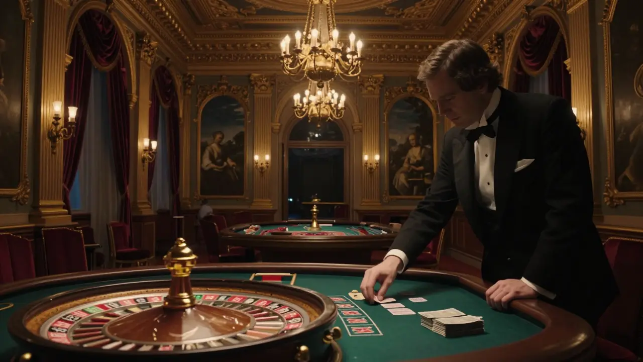 The opulent interior of Monte Carlo Casino at night, with a lone figure placing bets at a roulette table under golden chandeliers.
