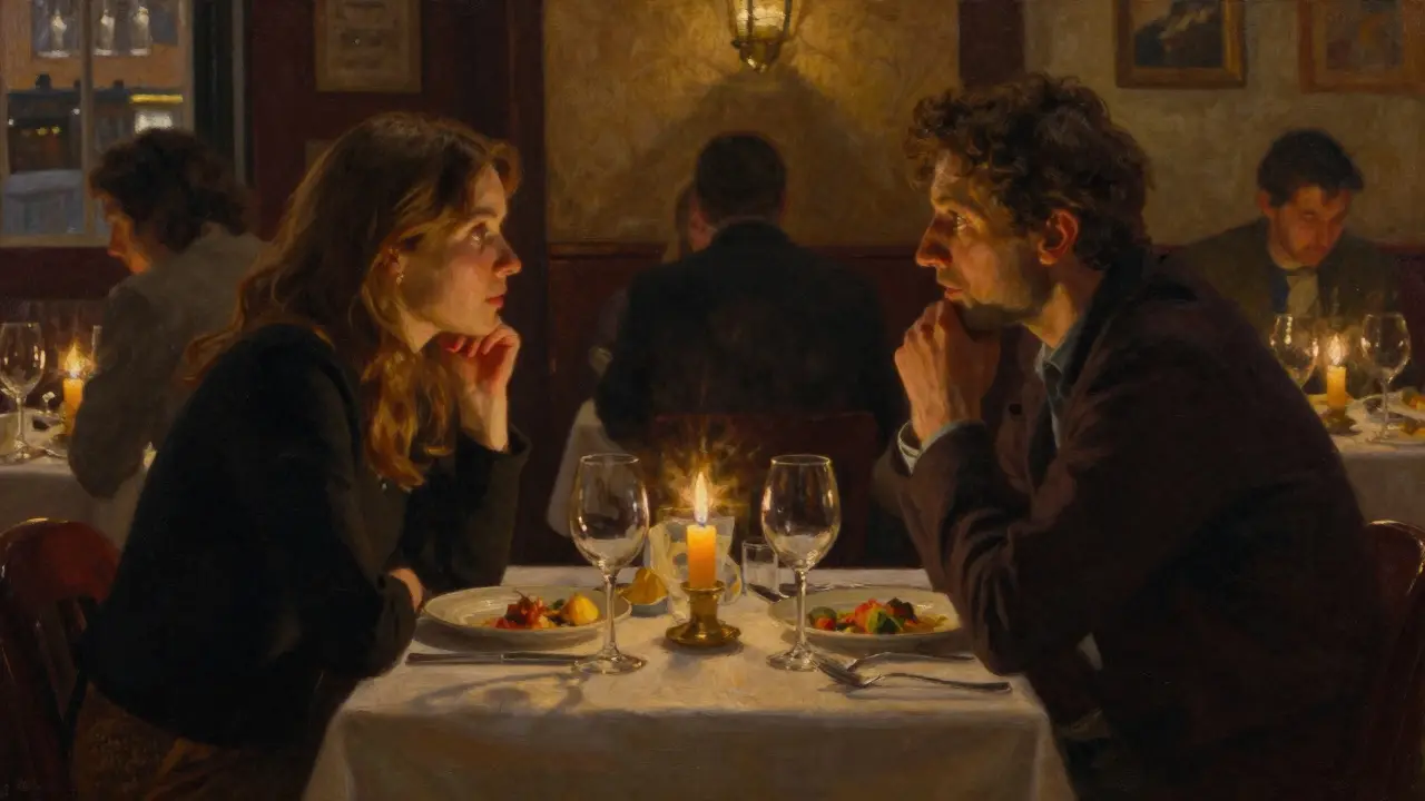 Two people share a quiet dinner in a Soho restaurant, illuminated by candlelight, sharing a moment of emotional connection.