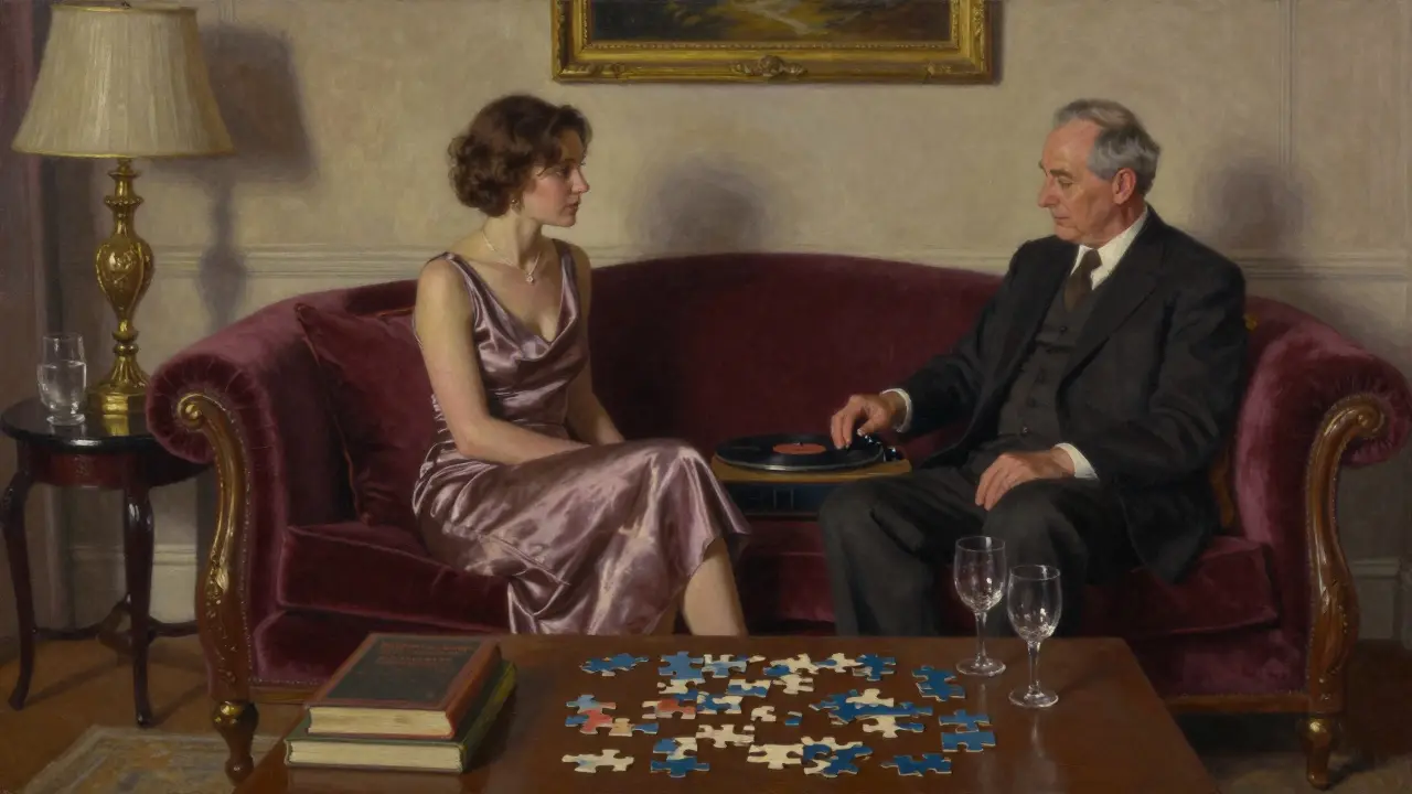 Two people sit quietly together in a softly lit living room, listening to jazz without touching.