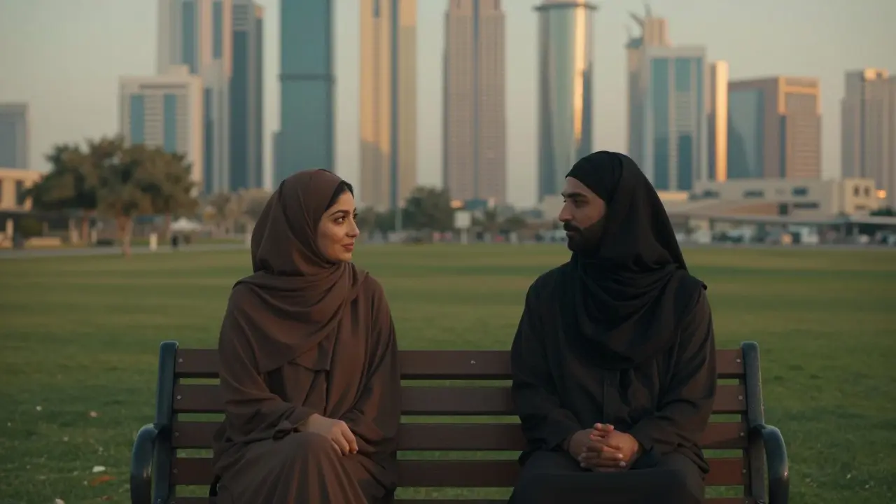 Two people sitting respectfully on a park bench in Dubai at sunset, sharing quiet conversation in modest attire.