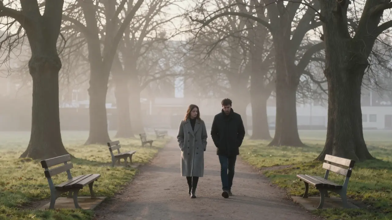 Two people walking silently through Tiergarten at dawn, surrounded by mist and morning light.