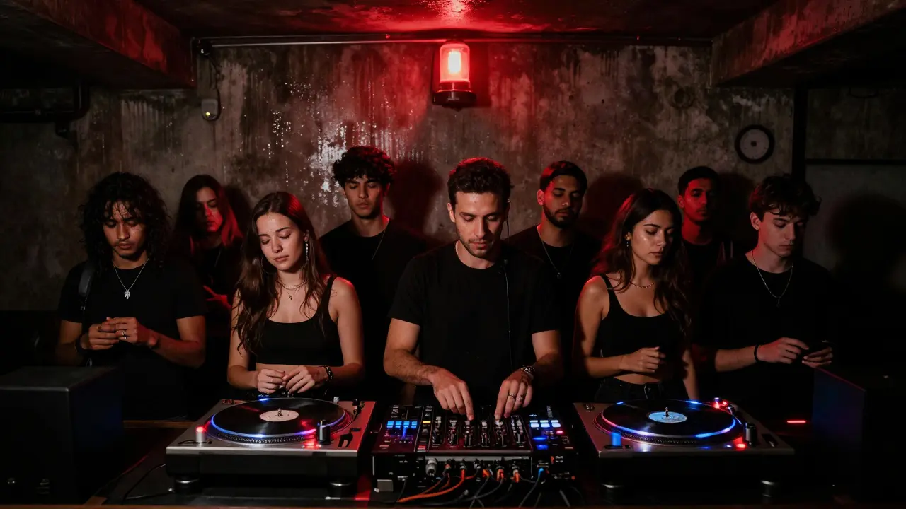 Underground techno club with dim lighting and a crowd immersed in music, no signs or neon.