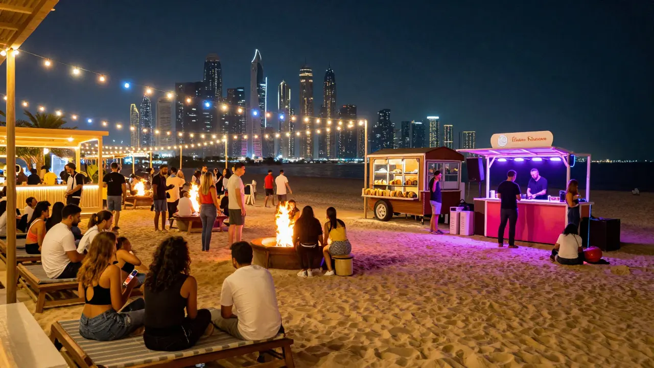 Vibrant beachside night scene with fire pits, string lights, and people enjoying food and music.