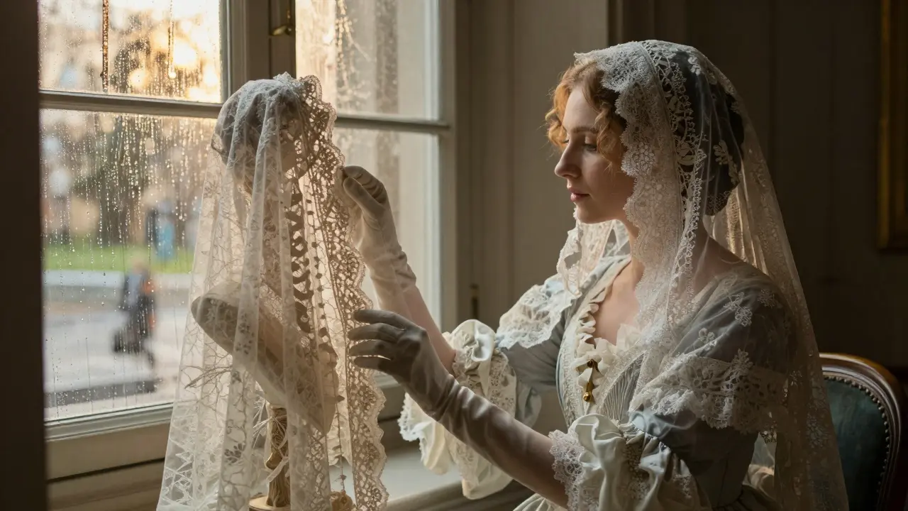 Woman gently touching a historic lace veil in a quiet museum corner, rain on the window.