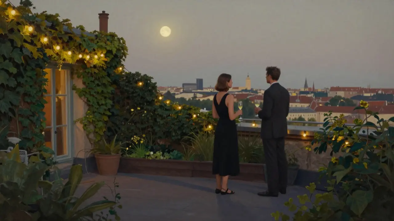 A couple on a hidden rooftop garden in Charlottenburg, city lights glowing softly in the distance.