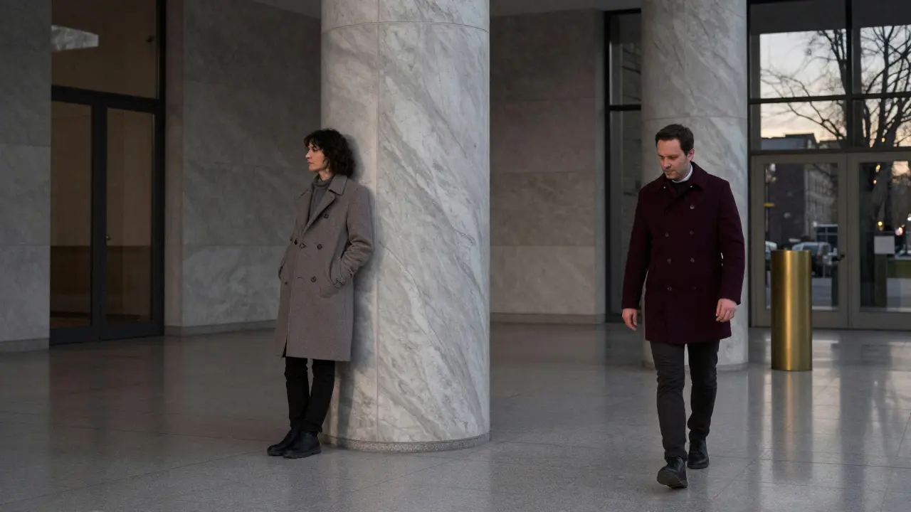 A discreet meeting in the Berliner Philharmonie lobby, figures approaching with quiet mutual respect.