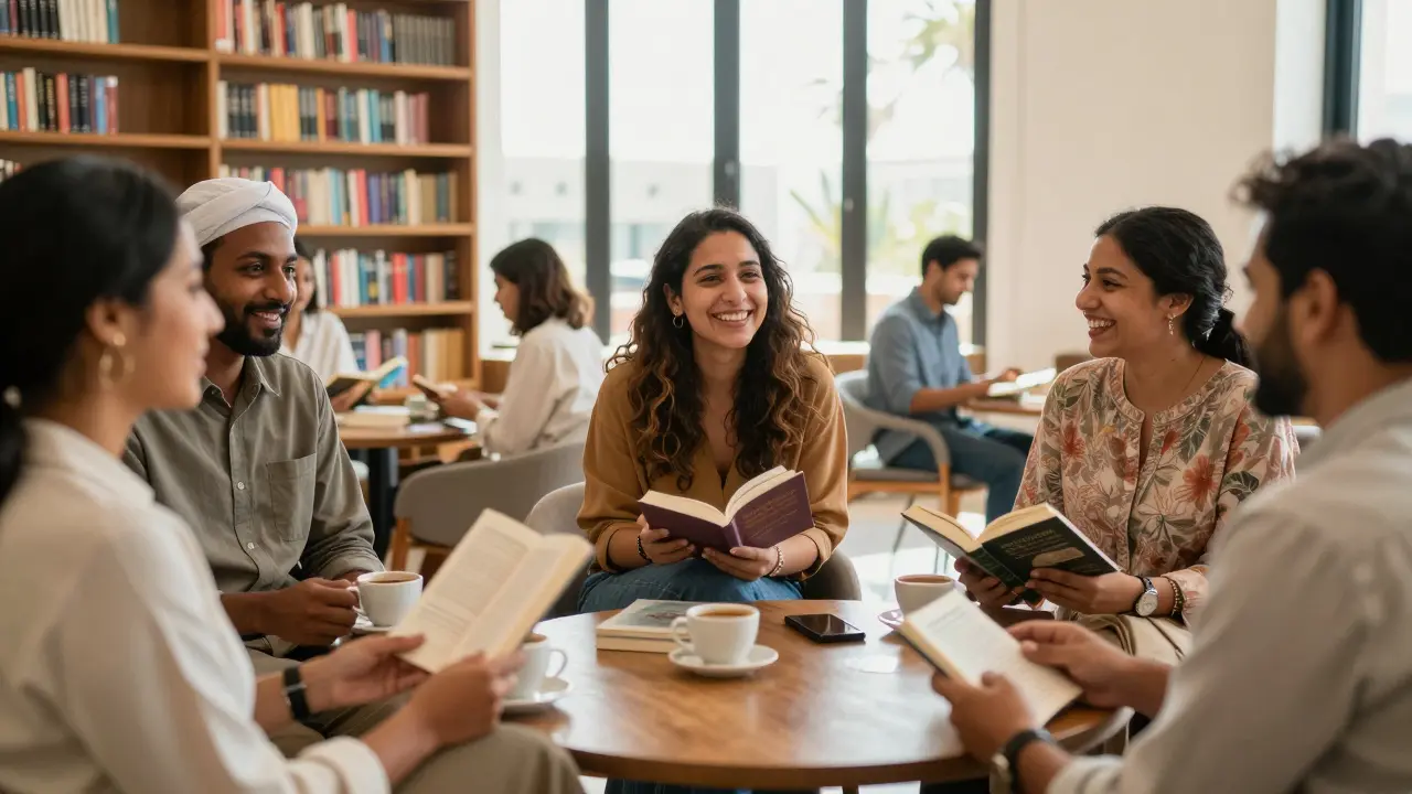 A diverse group of people laughing together at a book club meeting in Abu Dhabi.