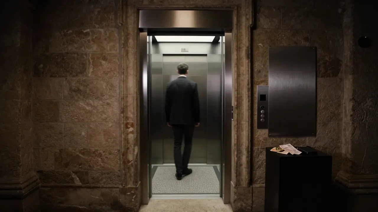 A hidden basement elevator entrance in an old Milan building, leading directly to a private floor.