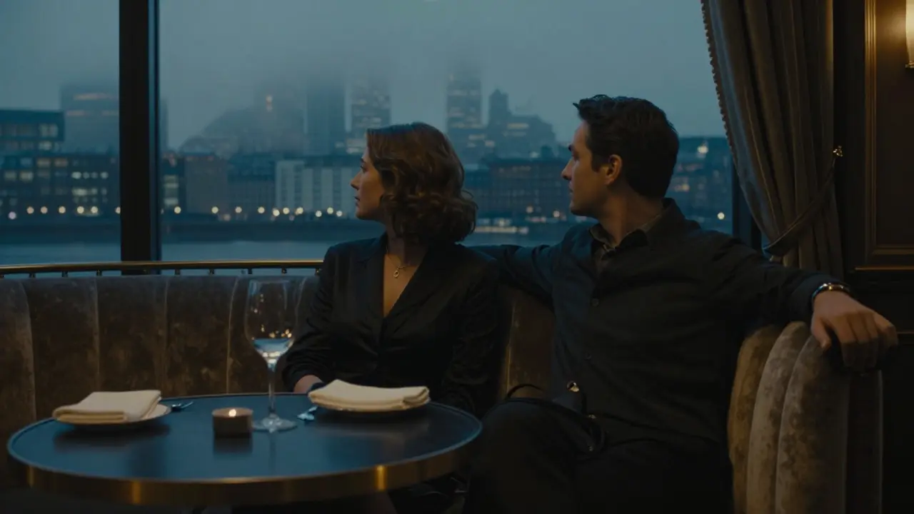 A man and woman sitting silently in a hotel lounge, gazing at the foggy London night skyline.
