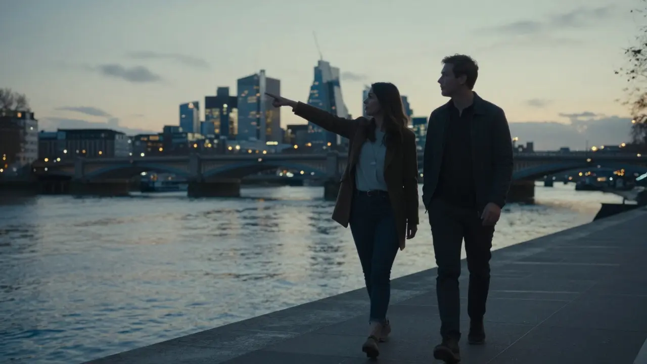 A man and woman walking peacefully along the Thames at dusk, city lights reflecting on the water.