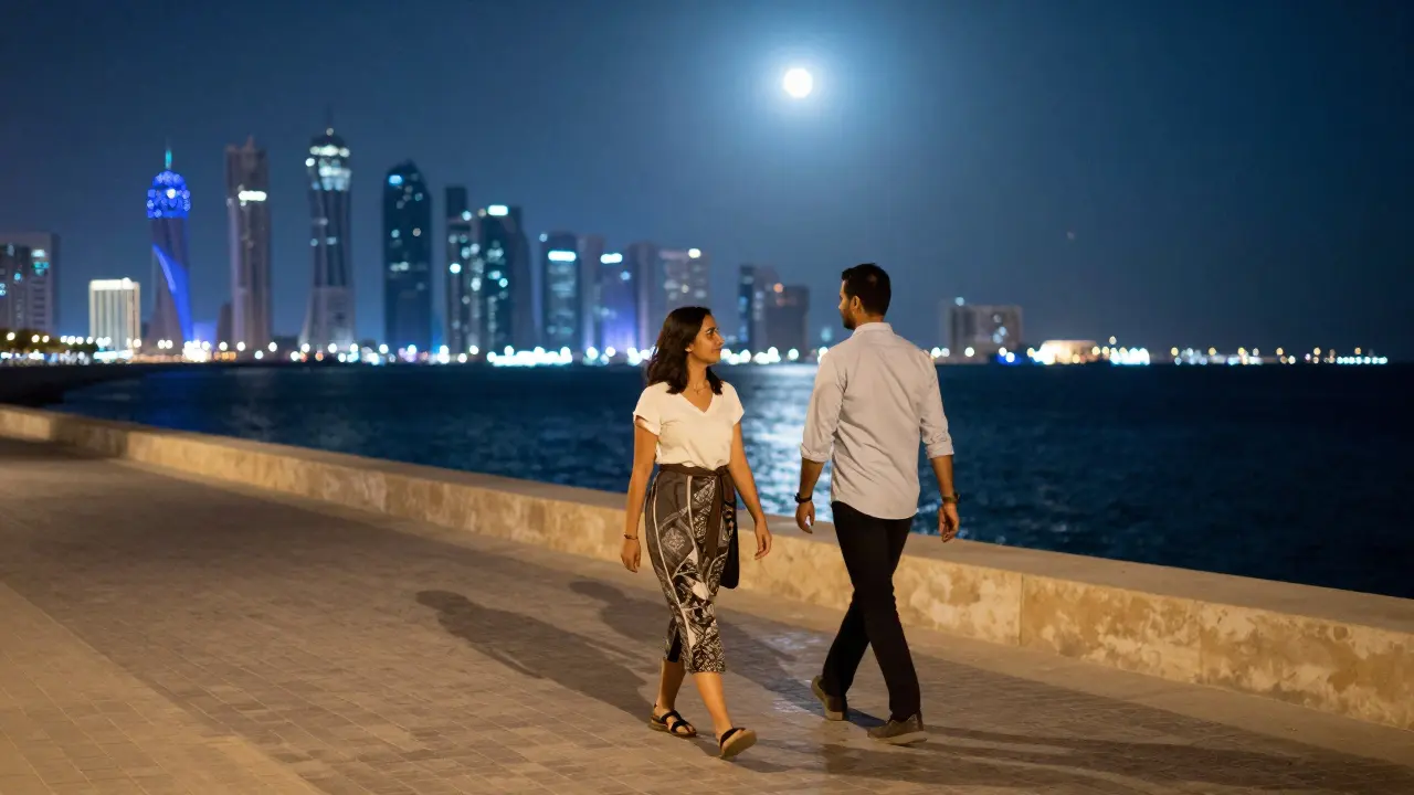 A man and woman walking silently along the Corniche at midnight, sharing a respectful farewell.