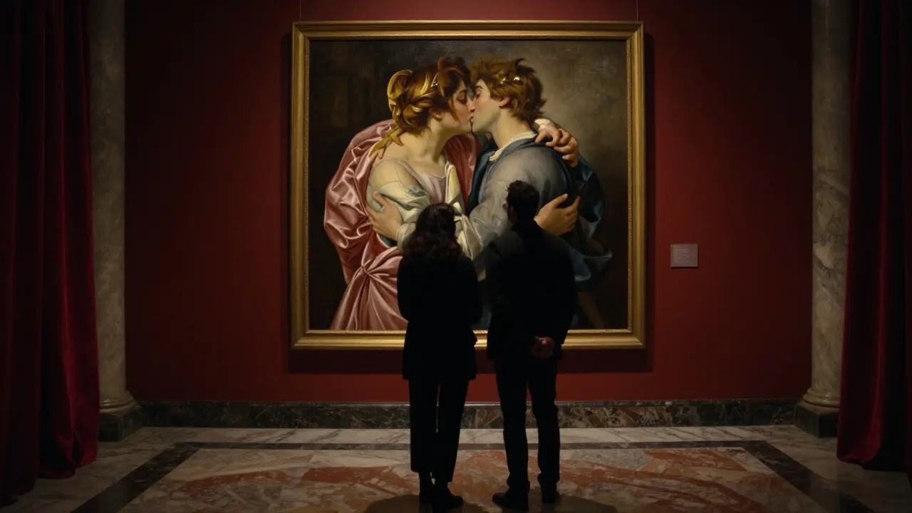 A pair standing silently before a classic Italian painting in a quiet art gallery, bathed in soft gallery light.