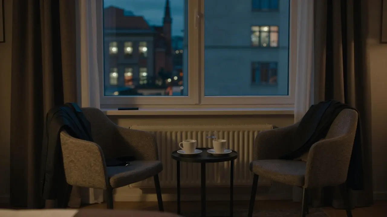 A peaceful hotel room in Berlin after a meaningful conversation.