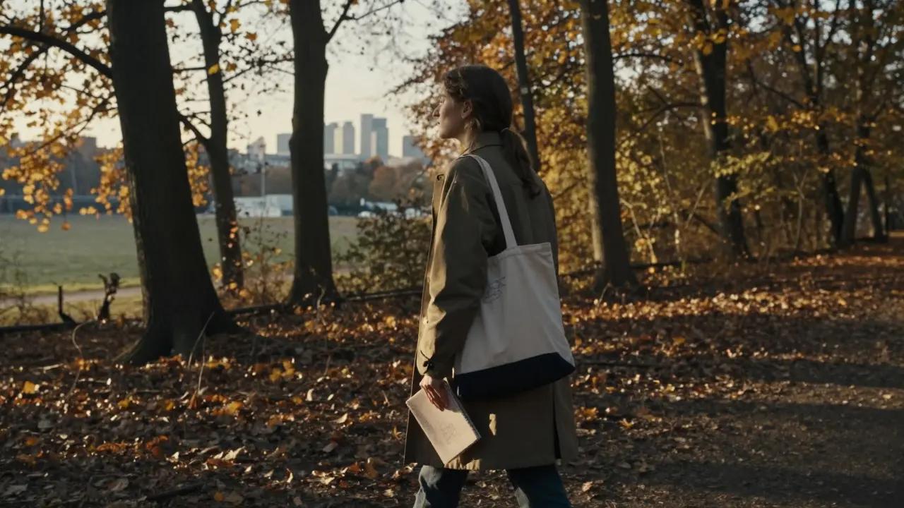 A person walking through Tegel Forest in Berlin with a book and sketchbook.