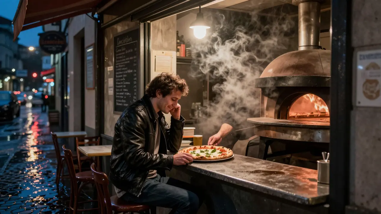 A pizza being handed out at a 4 a.m. pizzeria in Lambrate, steam rising from the oven.