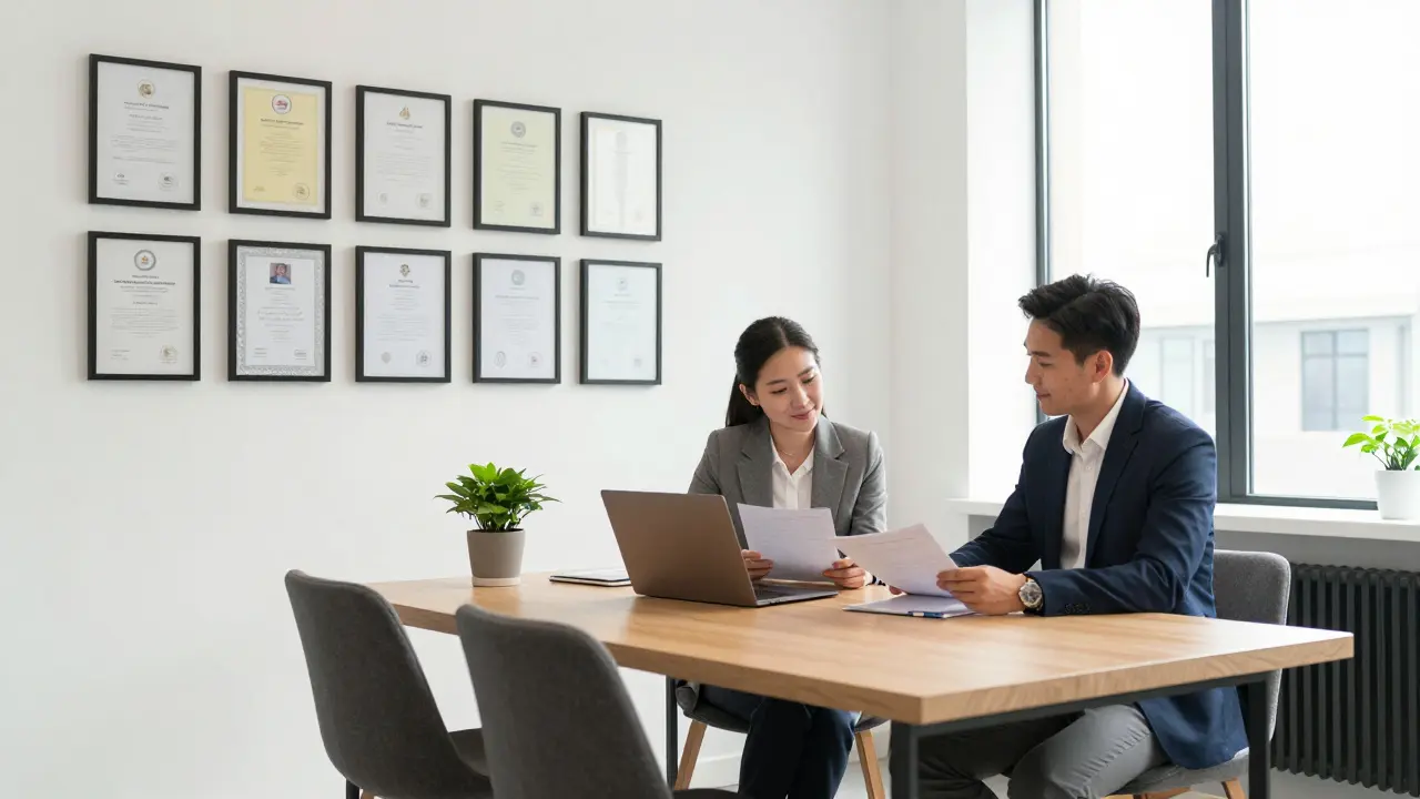 A professional companionship agency office with certificates on the wall and a client reviewing notes with a trained companion.