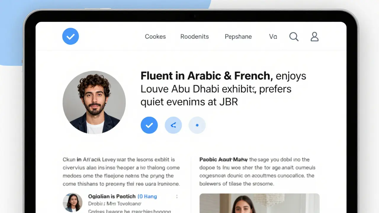A professional escort profile on a tablet showing authentic details like languages spoken and interests, not just photos.