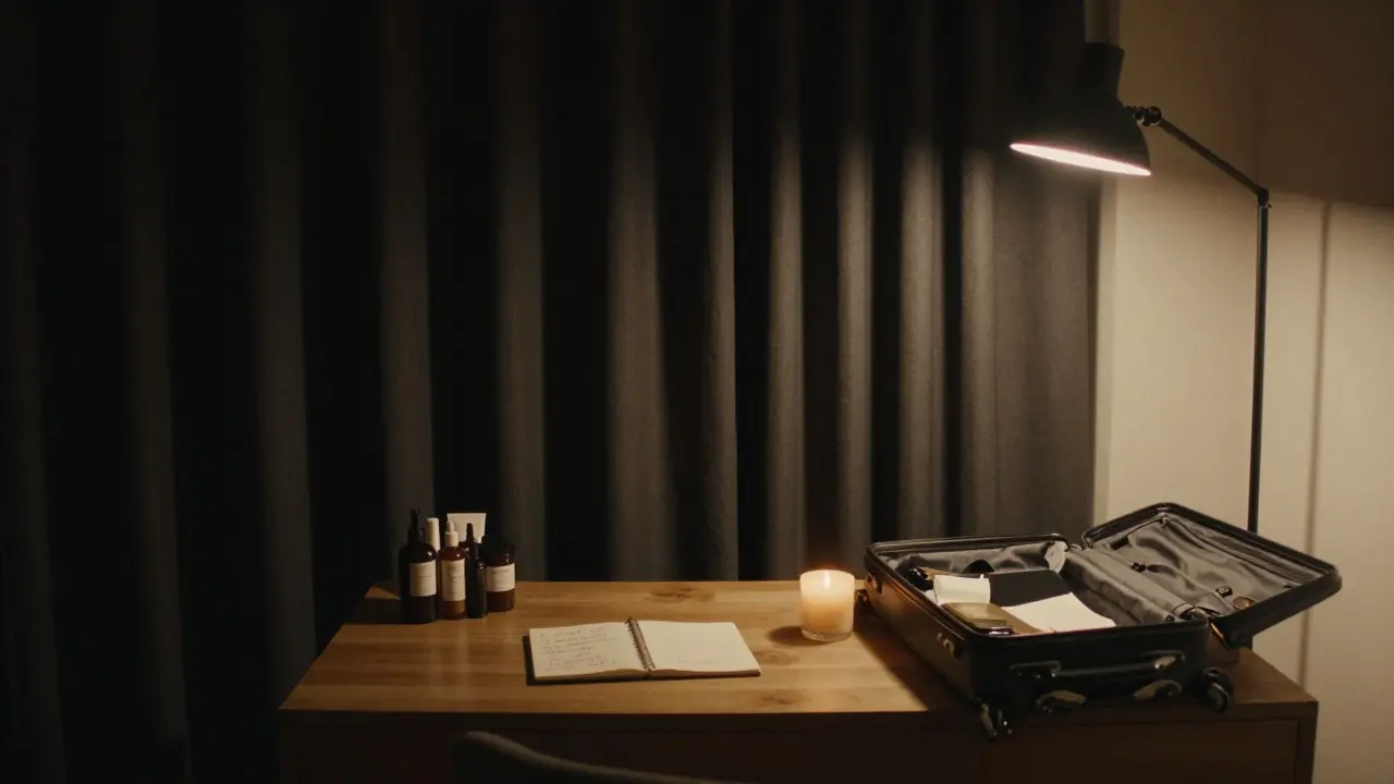 A quiet, minimalist hotel room with no electronics or branding, lit by a single candle and a closed ledger.