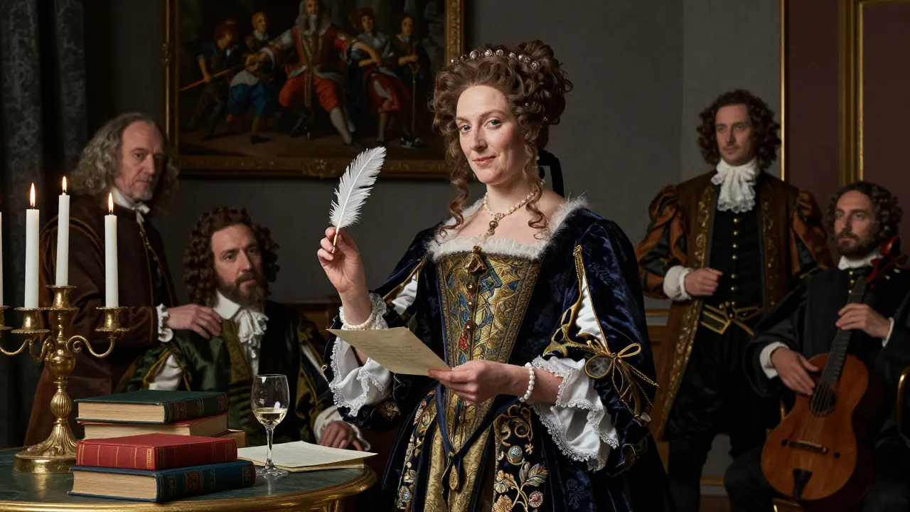 A Renaissance courtesan in velvet holds a quill in a candlelit Brera salon surrounded by artists and diplomats.