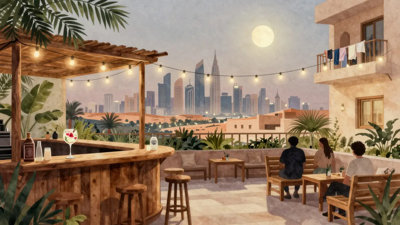 A serene rooftop garden in Dubai with fairy lights, wooden benches, and a view of old city silhouettes.