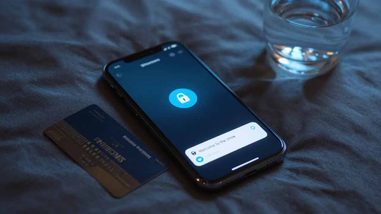A smartphone displaying a private Telegram invite with lock icon and blurred chat.