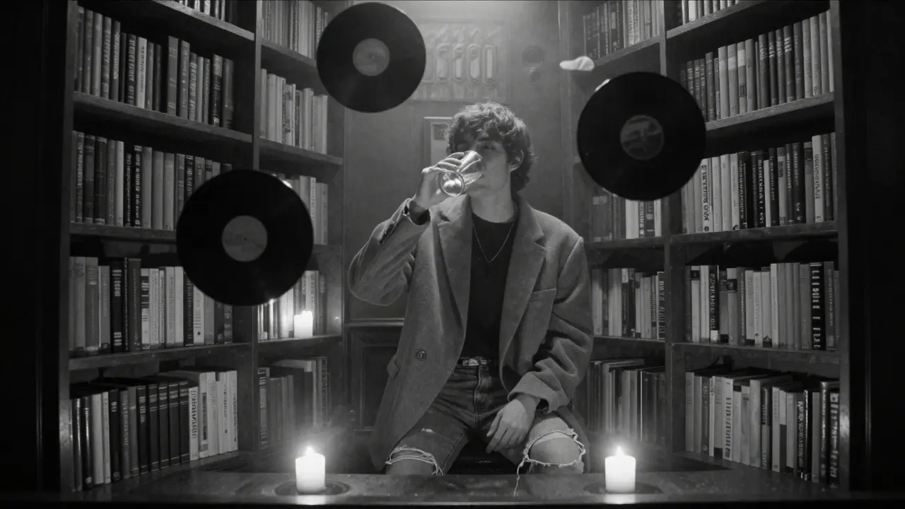 A solitary figure in an oversized blazer in the hidden La Gaffe speakeasy, lit by candlelight among floating books.