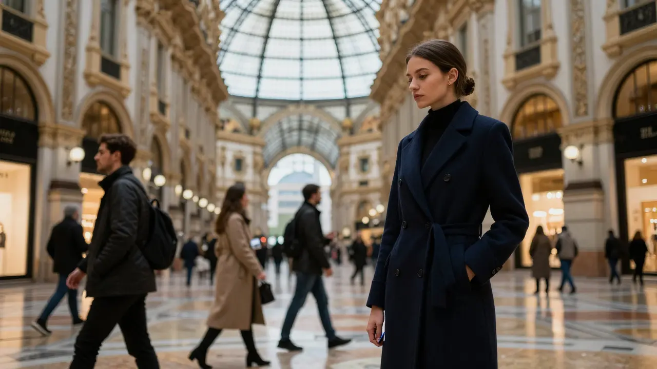 A woman in a tailored coat waits quietly at dusk near the Galleria Vittorio Emanuele II’s glass dome.