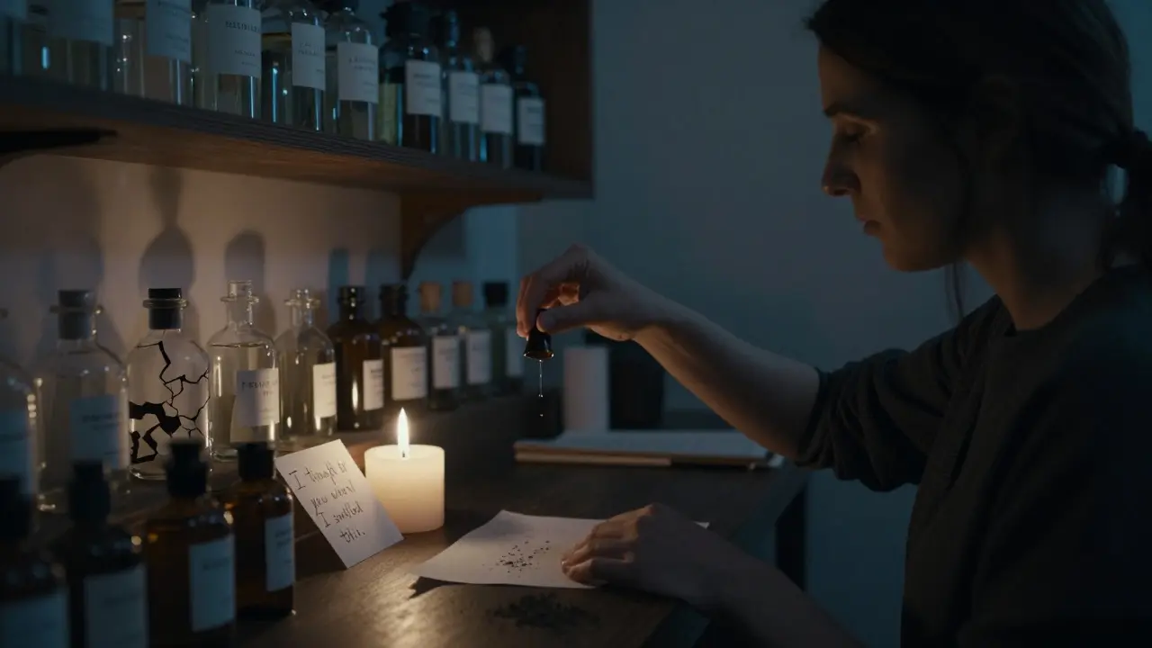 A woman receives a custom perfume blend in a quiet Parisian perfumery, candlelight glinting off glass bottles and a handwritten note.