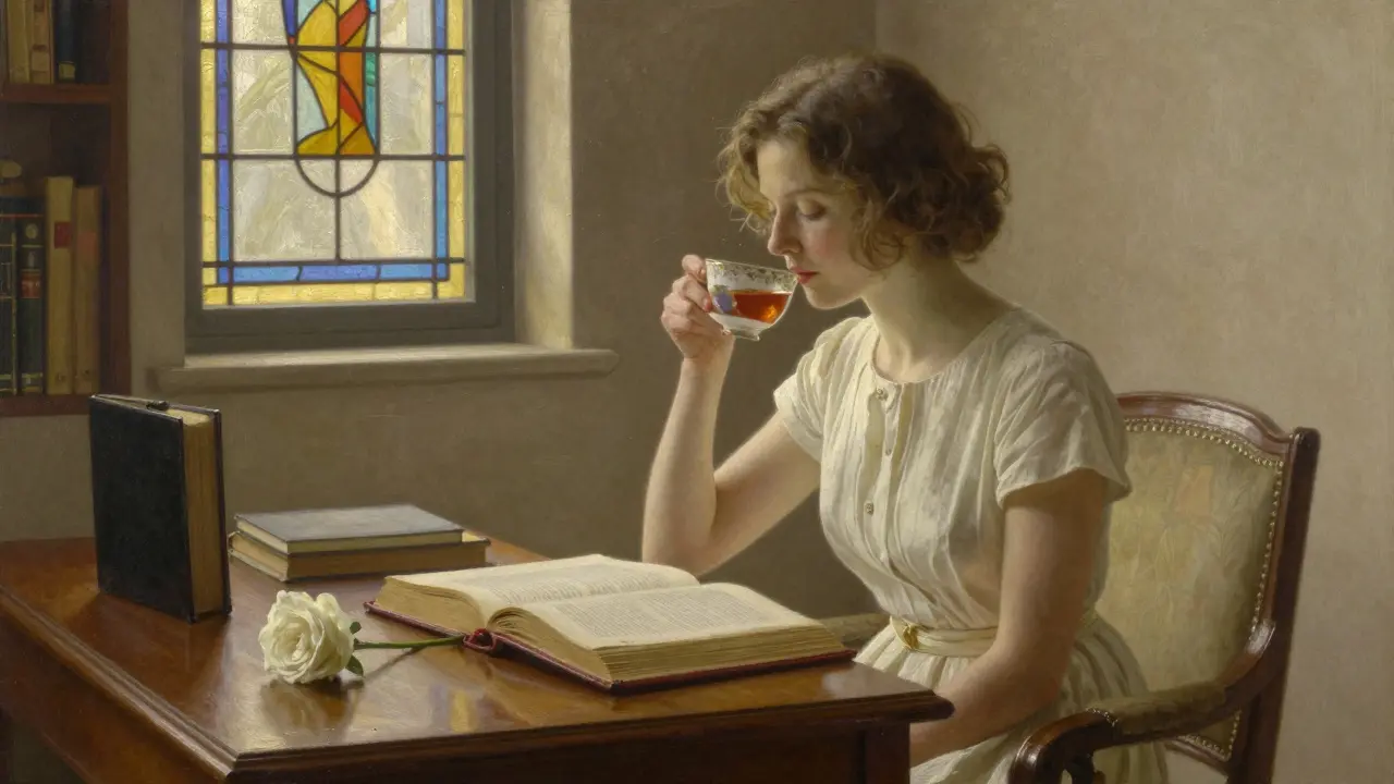 A woman sips tea in a luxurious library, surrounded by leather books and soft daylight, radiating calm refinement.