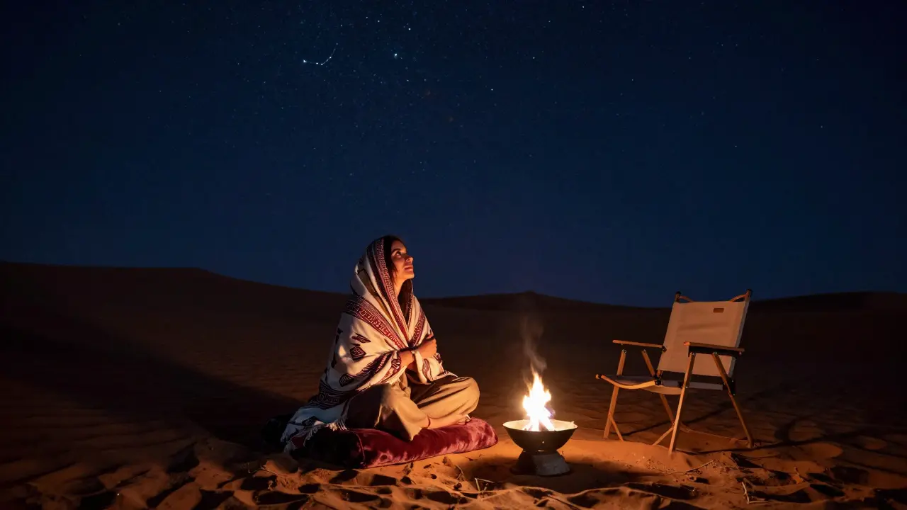 A woman sits under a star-filled desert sky, wrapped in a shawl, in serene stillness beside a glowing fire.
