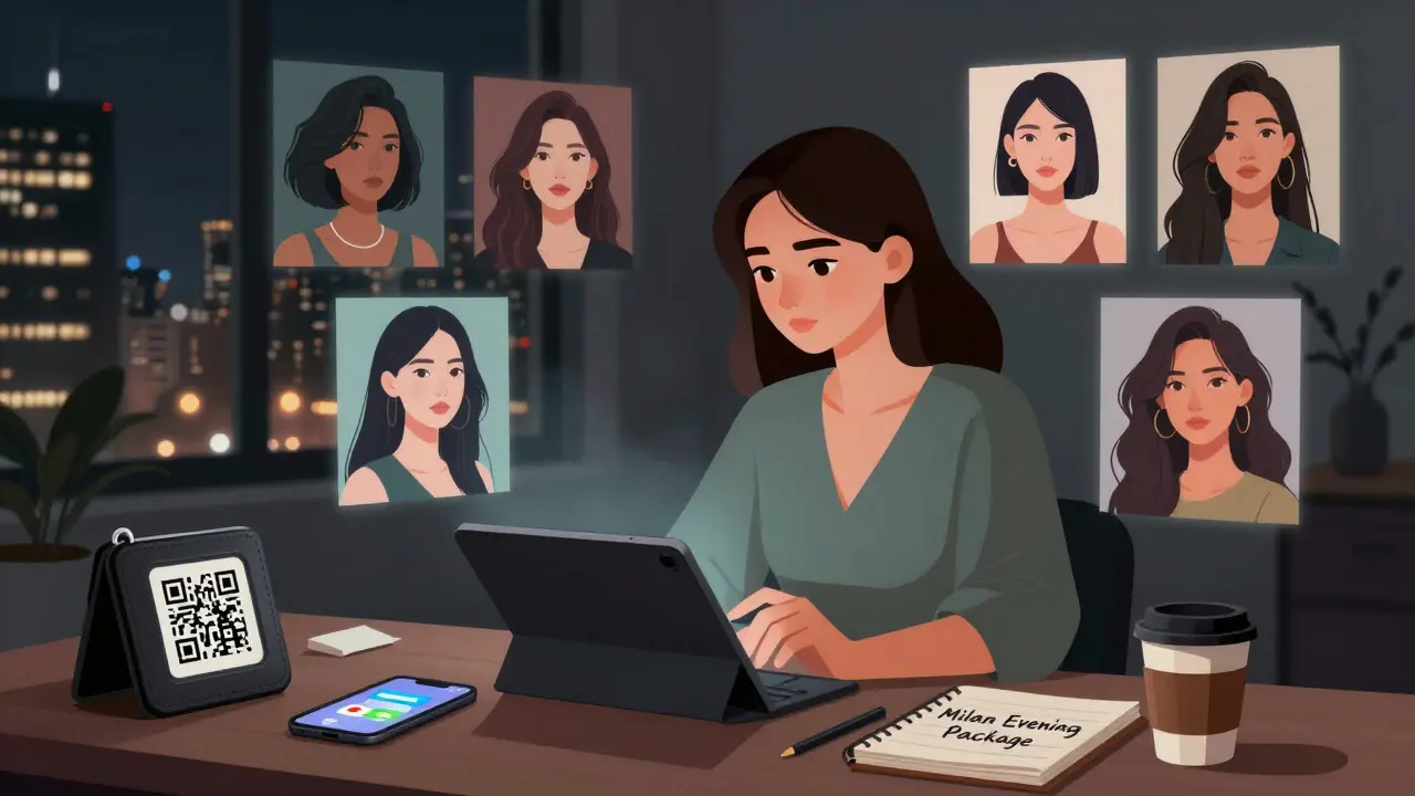 A woman using AI to generate avatar variations of herself, with crypto wallet and encrypted messages nearby.