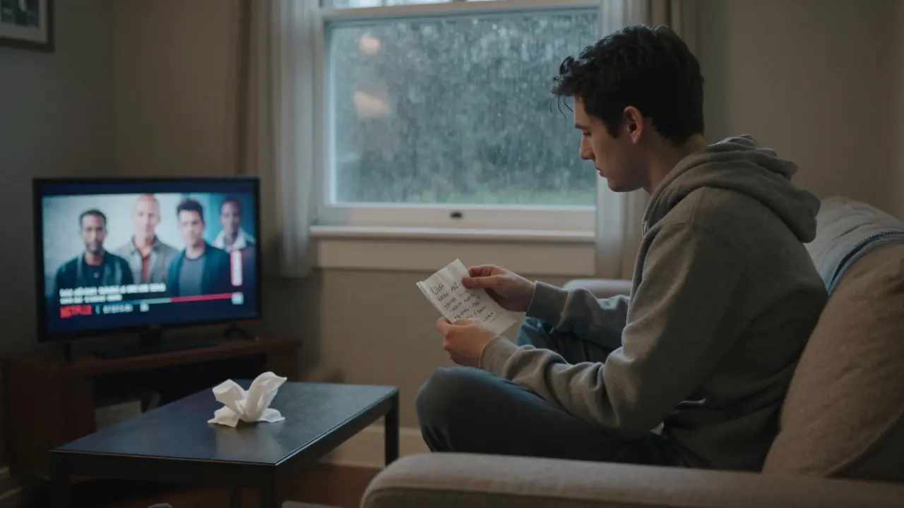A young man holding a handwritten note in a cozy flat, rain on the window, feeling vulnerable but safe.