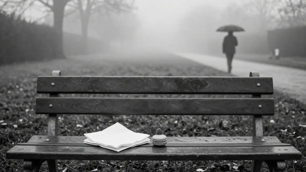 An empty bench in Luxembourg Gardens holds a single macaron and folded napkin, evoking quiet companionship.