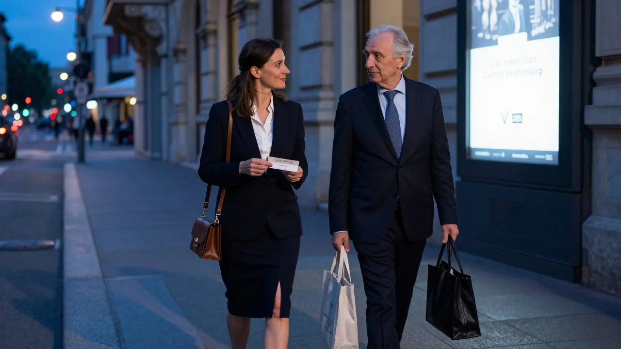 An escort and client walking together outside Milan’s opera house, both dressed elegantly in twilight light.