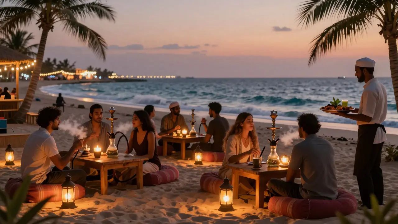 Beachside shisha lounge at dusk with lanterns, cushions, and waves, people relaxing with hookah and tea.