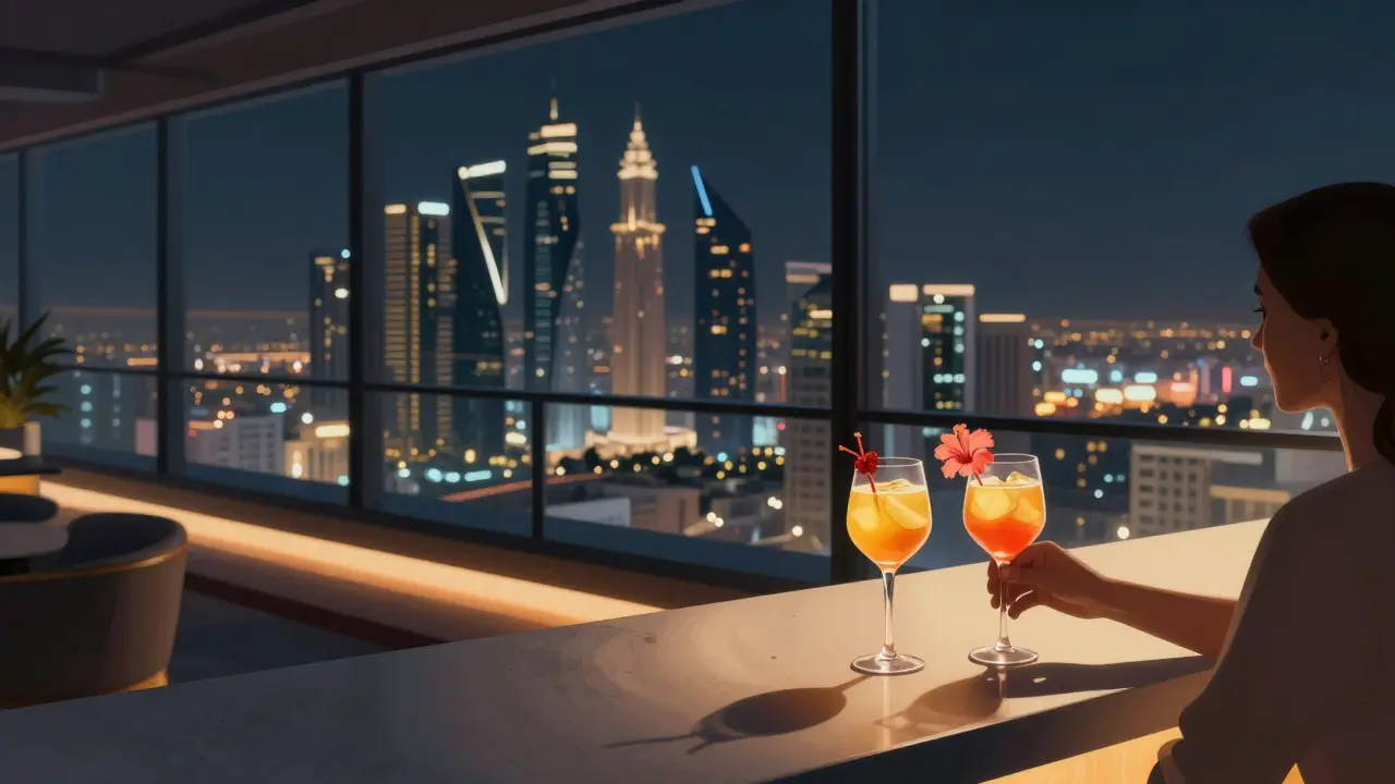 Couples enjoying cocktails on a high-rise rooftop with Abu Dhabi's illuminated skyline below.
