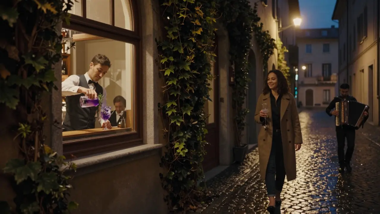 Cozy Brera bar window with piano music and a woman stepping out with wine at midnight.
