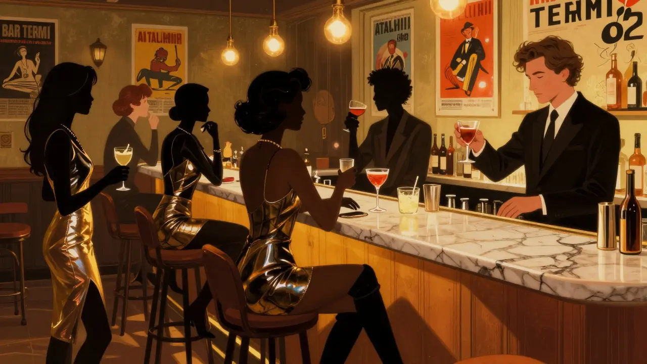 Crowd at Bar Termini in Shoreditch sipping designer-named cocktails at a marble bar under warm glowing lights.