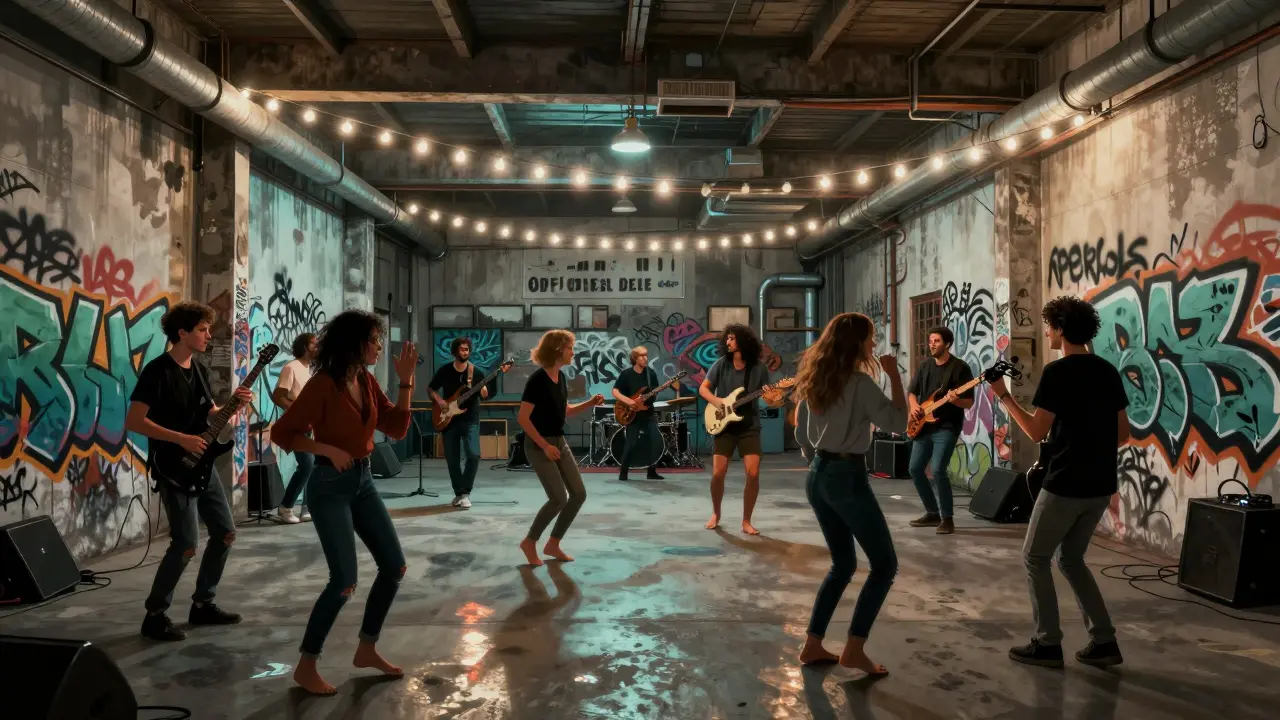 Crowd dancing in an industrial warehouse venue with graffiti walls and live music.