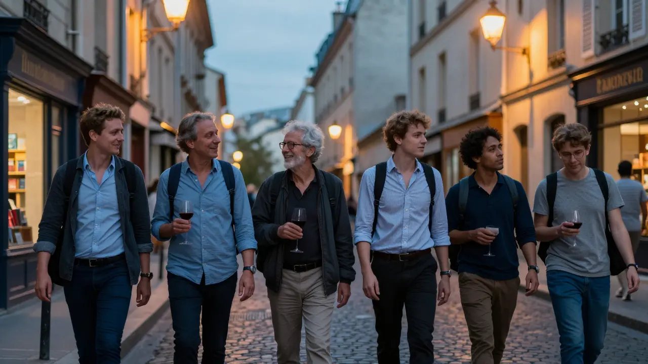 Diverse travelers and companions stroll through Saint-Germain-des-Prés at golden hour, blending into the city.